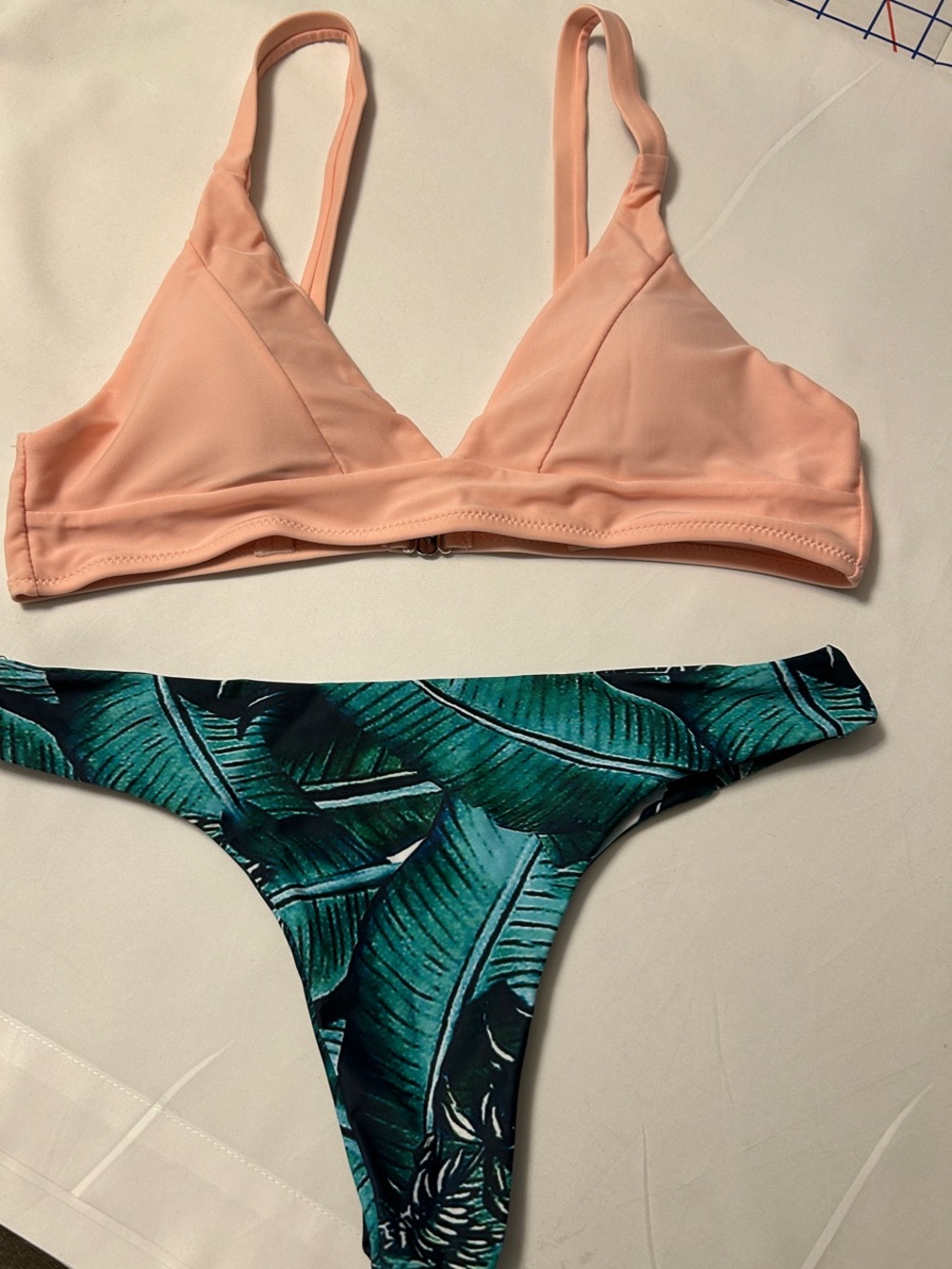 Women’s Peach Triangle Bikini Top and Green Leaf Print Cheeky Bottom Set